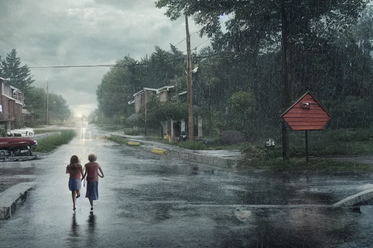 Image similar to a detailed photographic render of an american suburb by gregory crewdson, photoreal, 4 k, rain