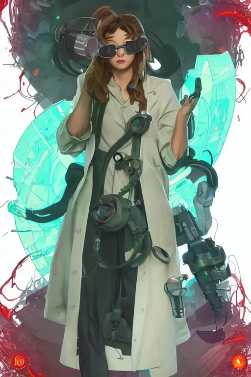 Image similar to a full body character design by artgerm, cushart krenz, greg rutkowski and alphonse mucha. cute mad scientist woman lab coat!! green plasma laser gun!! goggles visor!! bold outline sharp edges. ultra clear detailed. 8 k. ultra detailed, elegant, intricate, octane render.