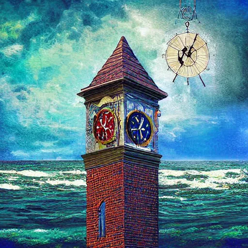 Prompt: Victorian clock tower in an ocean landscape, digital art, surrealism, impasto, contest winner