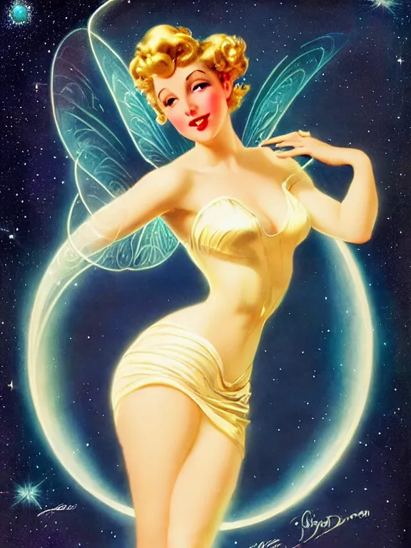 Image similar to Diana argon as tinkerbell glowing, a beautiful art nouveau portrait by Gil elvgren and Hajime Sorayama, moonlit starry sky environment, centered composition, defined features, golden ratio, gold jewlery, photorealistic professionals lighting, cinematic, sheer