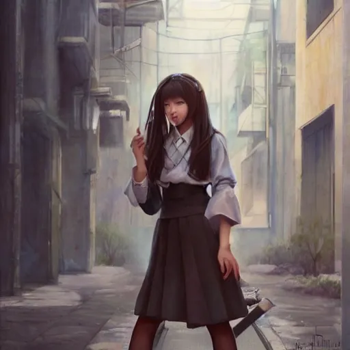 Prompt: a perfect, realistic professional oil painting of a Japanese schoolgirl posing in a dystopian alleyway, style of Marvel, full length, by a professional American senior artist on ArtStation, a high-quality hollywood-style concept