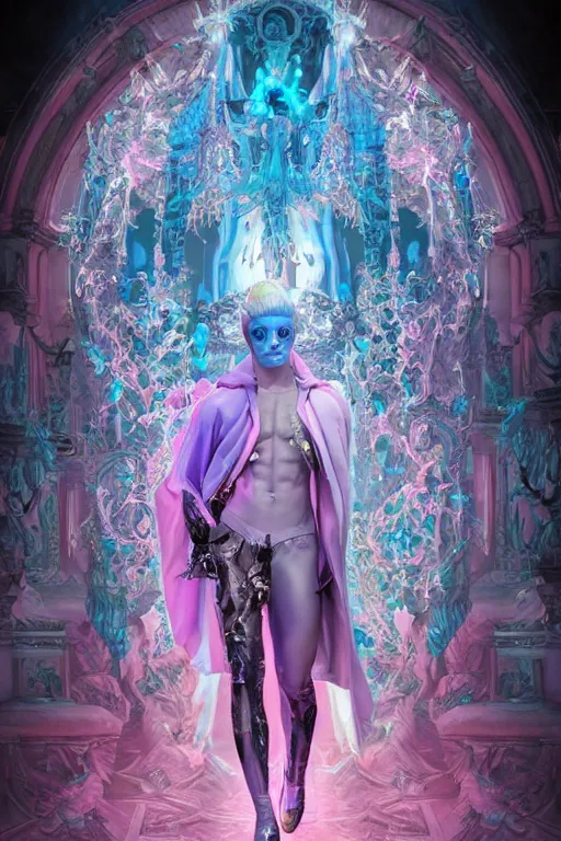 Image similar to photo of full-body rococo and cyberpunk delicate neon crystalline sculpture of ((handsome muscular onyx albino prince Liam Payne)) as an blue iridescent humanoid deity wearing ((peach plastic hooded cloak)) (holding an onyx skull) in a onyx castle dungeon, reclining, glowing pink face, crown of (pink lasers), large blue diamonds, swirling black silk fabric. futuristic elements. oozing glowing liquid, full-length view. space robots. intricate artwork by caravaggio. Trending on artstation, octane render, cinematic lighting from the right, hyper realism, photorealistic, octane render, 8k, depth of field, 3D