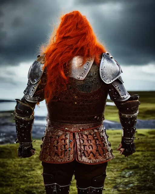 Image similar to northern Mark Zuckerberg warrior, red hair, ginger hair, long hair, fantasy, Viking, high detailed, photography, cloudy, lightweight leather armour, Scandinavia, plain, detailed face, beautiful face, look into the distance, professional model, glowing skin, serious face, full body, professional photographer, masterpiece, 50 mm, 8k, 3D