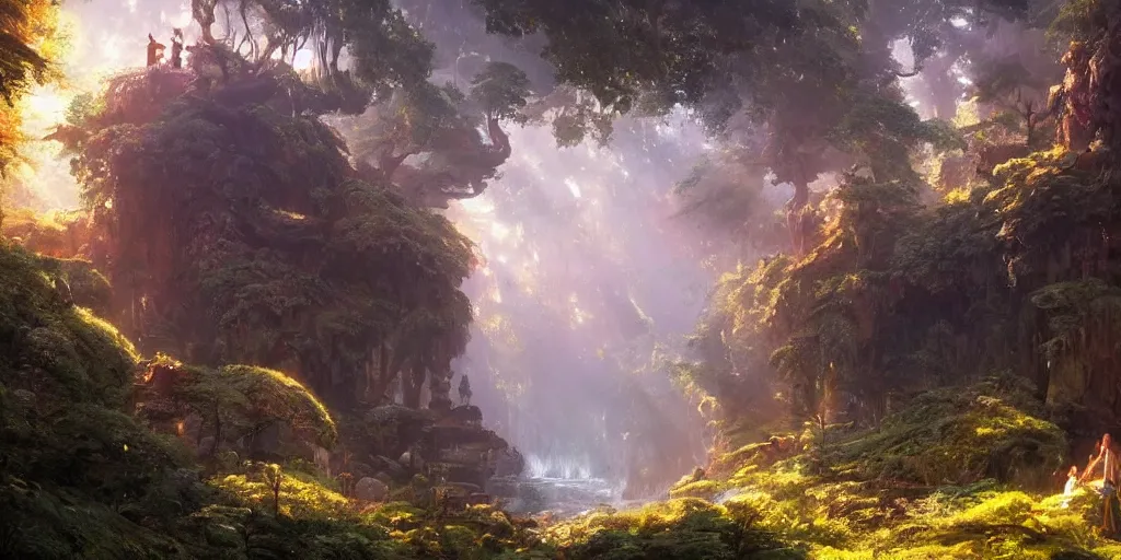 Image similar to a forest waterfall and cave at sunset, fantasy, magical lighting, Greg Rutkowski and Studio Ghibli and Ivan Shishkin