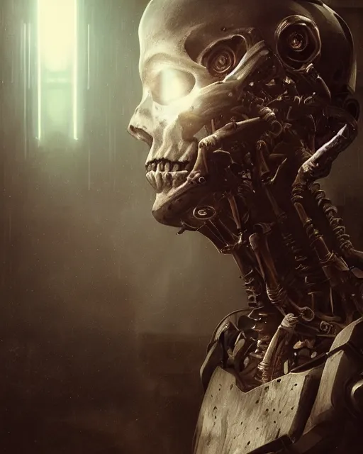 Image similar to skeleton with cybernetic enhancements with some flesh as seen from a distance, scifi character portrait by greg rutkowski, esuthio, craig mullins, 1 / 4 headshot, cinematic lighting, dystopian scifi gear, gloomy, profile picture, mechanical, half robot, implants, solarpunk