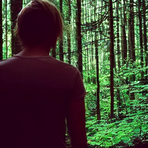 Image similar to close up kodak portra 4 0 0 photograph of a skinny blonde guy standing in dark forest, back view, flower crown, moody lighting, telephoto, 9 0 s vibe, blurry background, vaporwave colors, faded!,