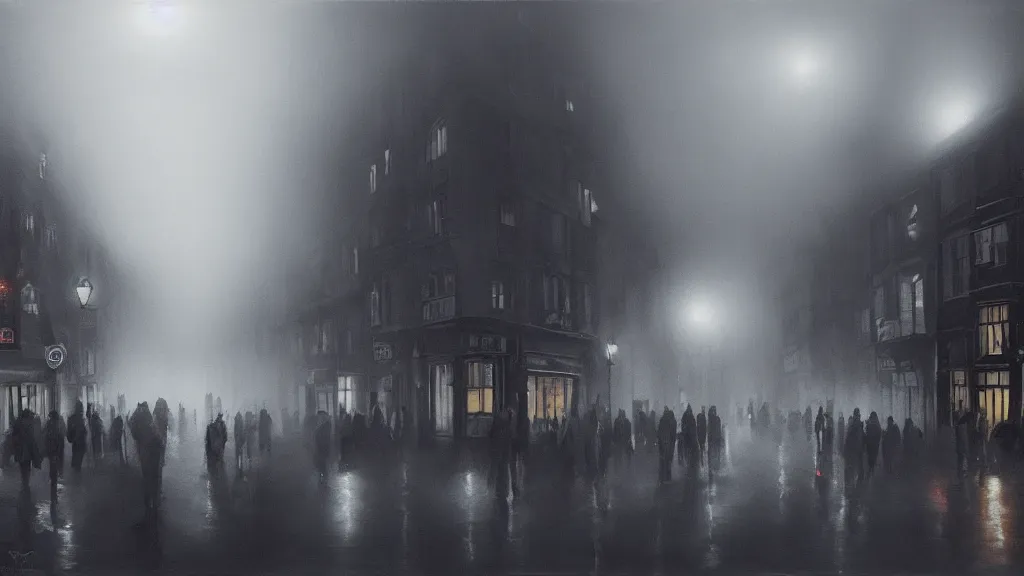 Image similar to a black hole with glowing edges over old town with houses in the windows of which the light is on and a crowd of people on street. early morning, fog on ground, wet street. mike barr painting. volumetric light, dull colors, dark, noir arthouse, 3 5 mm, hight detalied, hd, 4 k