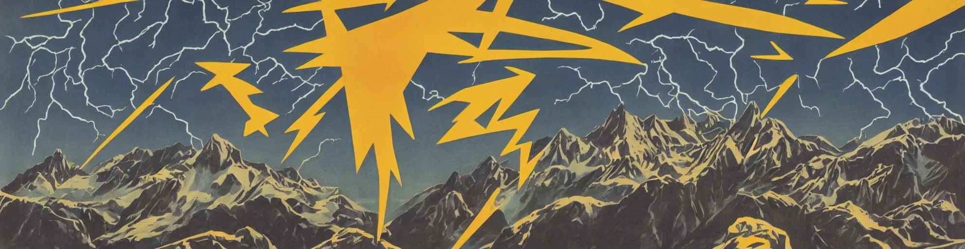 Image similar to solar montain with lightning bolts in 1940s propaganda poster