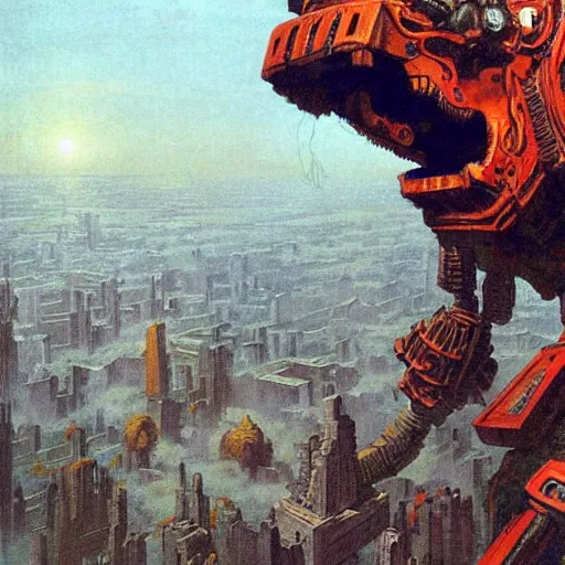 Image similar to giant mayan mecha with flaming eyes standing over city, perfectly clear face, shadow of the colossus screenshot by j. c. leyendecker, studio ghibli, and beksinski