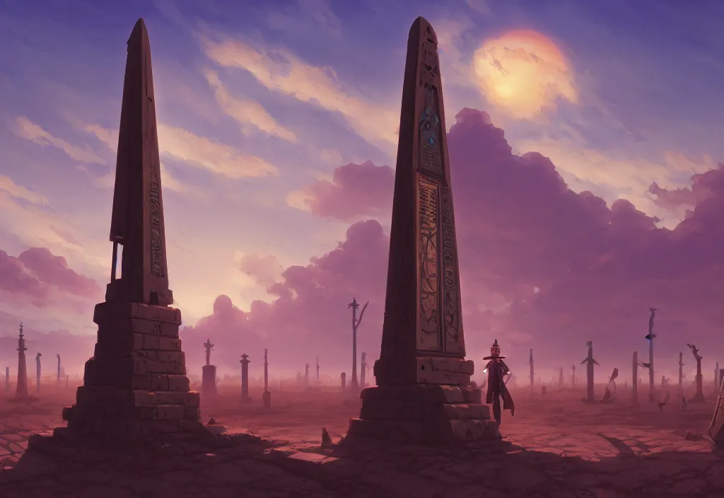 Prompt: a steampunk obelisk in a gloomy desert at dawn with gravestones in the foreground, intricate oil painting, high detail illustration, sharp high detail, manga and anime 1 9 9 9, official fanart behance hd artstation by jesper ejsing and makoto shinkai, 4 k,