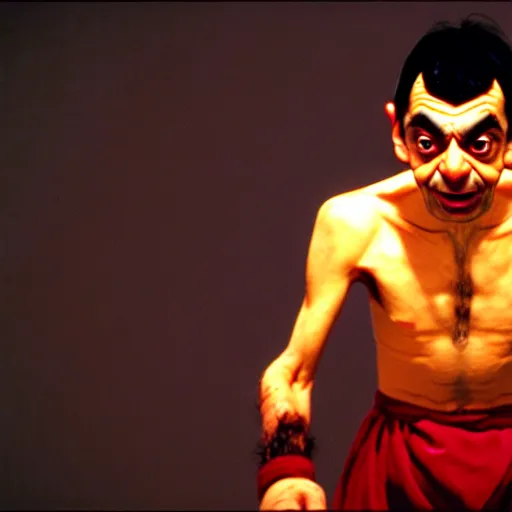 Prompt: mr. bean as dhalsim from the streetfighter movie. movie still. cinematic lighting.