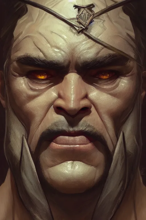 Prompt: up close portrait of a handsome half - orc, d & d, face, fantasy, intricate, elegant, highly detailed, digital painting, artstation, concept art, smooth, sharp focus, illustration, art by artgerm and greg rutkowski and alphonse mucha