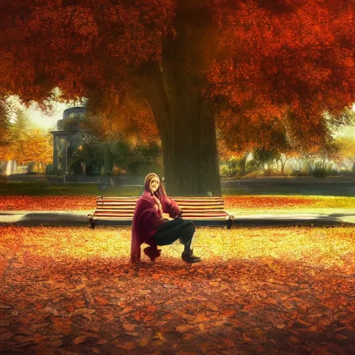 Image similar to highly detailed and intricate wlop artwork of a beautiful woman wearing casual clothes sitting on a park bench in the fall, volumetric lighting, extremely complex, trending on artstation, featured on behance, 4 k, 8 k, 1 6 k