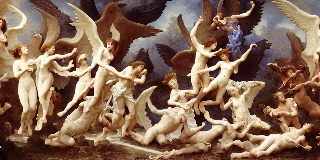 Image similar to 3 d rendered scene of the battle of angels and demons at the entrance to the fractal palace of cosmos painting by bouguereau made in unreal engine hyper realistic, beautiful face, symmetrical face, good and evil, scrollwork, silver leaf, magical, detailed intricate, heraldic design, atmosphere, beautiful, realistic, detailed