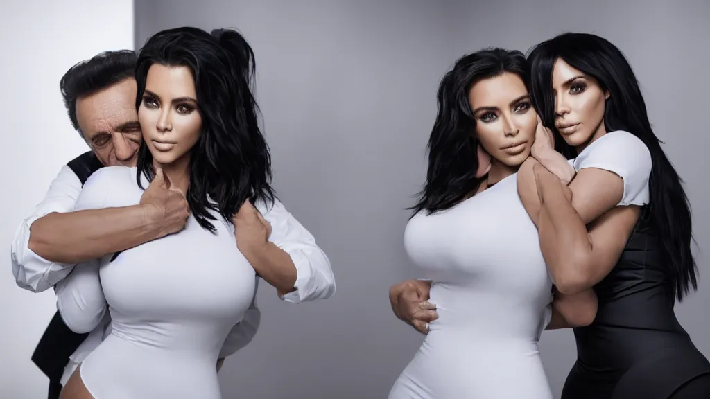 Image similar to johnny cash hugging kim kardashian, kim wearing a skintight nurse outfit, real photo, photoshooting, studio light, hospital background, intricate, epic lighting, cinematic composition, hyper realistic, 8k resolution, unreal engine 5