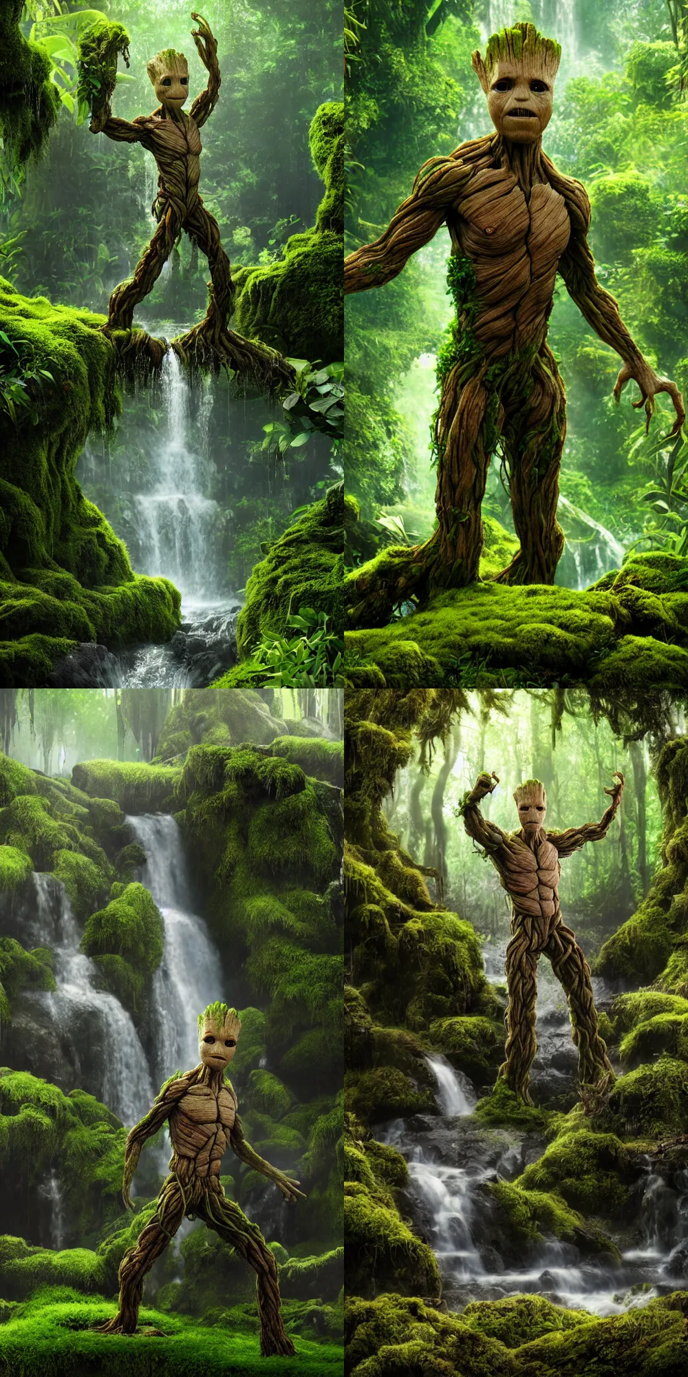 Prompt: photorealistic wide shot focus portrait of Groot posing, under waterfall, jungle, green moss, bokeh, octane render, unreal engine 4k, volumetric lighting, mist, detailed