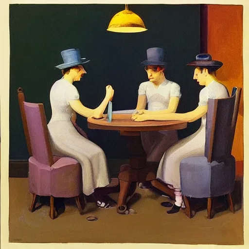 Prompt: “an award winning painting of a group of beautiful young symmetric people wearing monocles and top-hats sitting at a round metal table playing cards, drinking gin and tonic. In the style of Edward hopper”