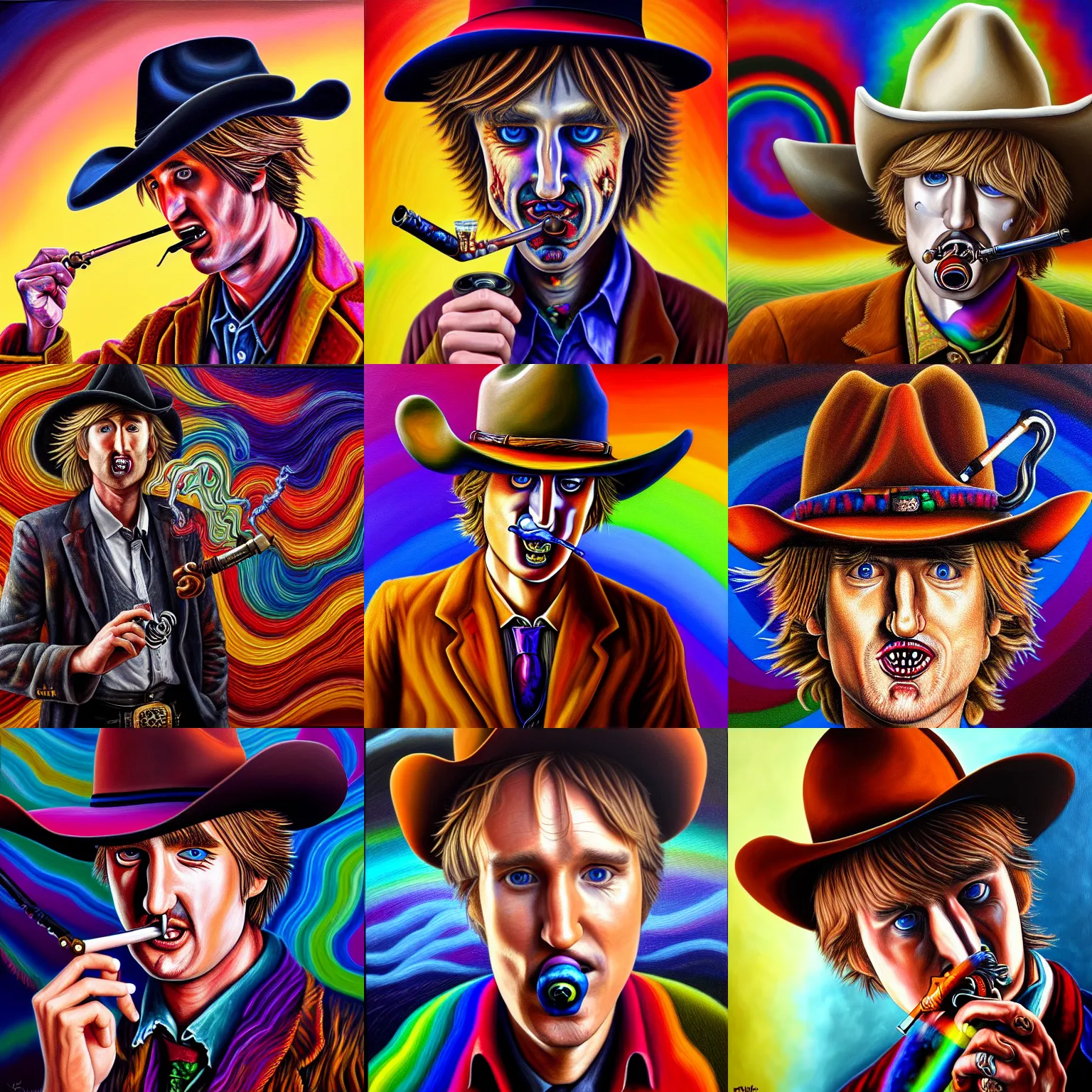 Prompt: an intricate oil painting of a manic owen wilson dressed as a cowboy smoking a pipe in the style of junji ito and dark fantasy, ornate, psychedelic, rainbow color scheme, detailed, cinematic, diffuse lighting, magic realism, artstationhq, unreal engine 5, volumetric light