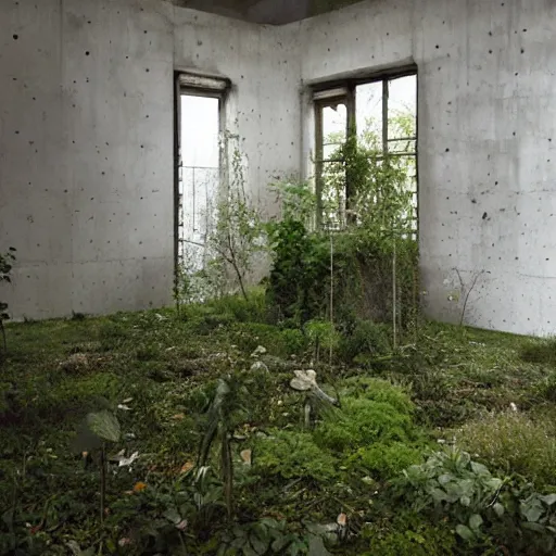 Image similar to an abandoned room in a concrete building, few overgrown plants, dreamy, overcast, by hans bellmer