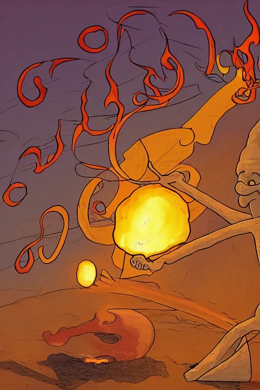 Image similar to squidward firebending outside at susnset, art by moebius, ultra detailed