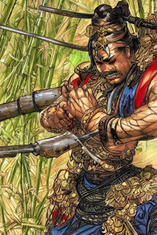 Image similar to close up of samurai warrior in a bamboo forest, by joe madureira and hicham habchi