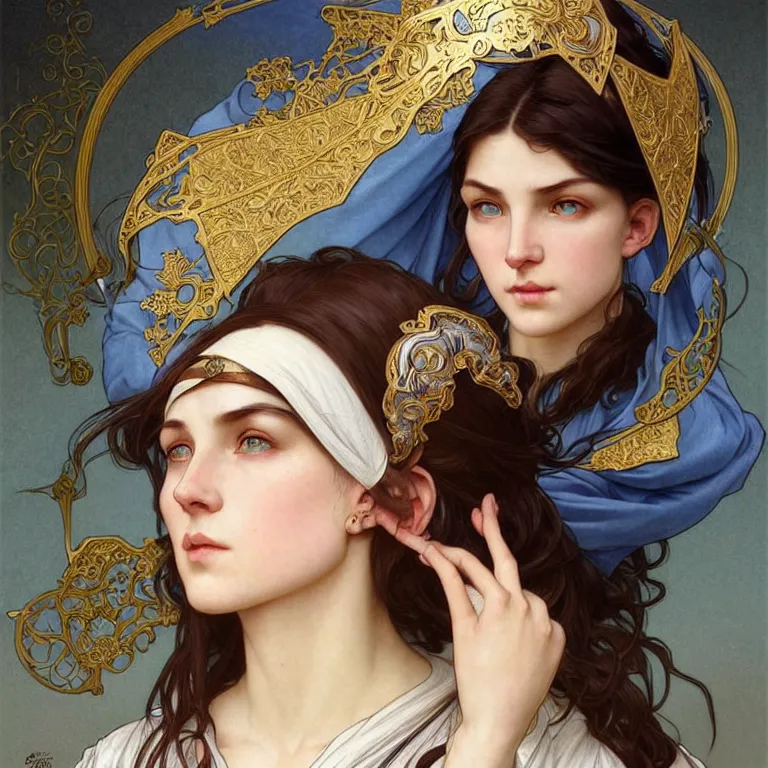 Prompt: Portrait of a female cleric with kerchief covering her ears, casting a glowing spell. Western European, Slavic. Blue eyes, black hair, porcelain skin, full lips, high slanted cheekbones. Fantasy art by artgerm and greg rutkowski and alphonse mucha, intricate, elegant, highly detailed, dramatic lighting, illustration, award winning on artstation, D&D, AD&D.