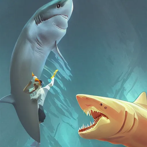 Image similar to great white shark, traffic cones as fins, underwater background detailed atmospheric - ron cheng & alphonse mucha, highly detailed, digital painting, ray tracing, concept art, illustration, smooth sharp focus, intricate, symmetry, artstation,