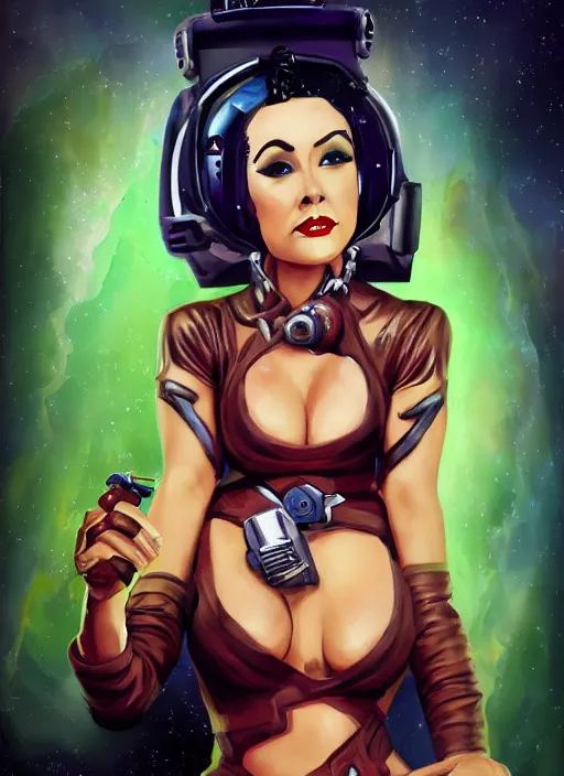 Prompt: action painting of a d & d style retro sci - fi pilot pinup, beautiful face and wearing full detailed clothing