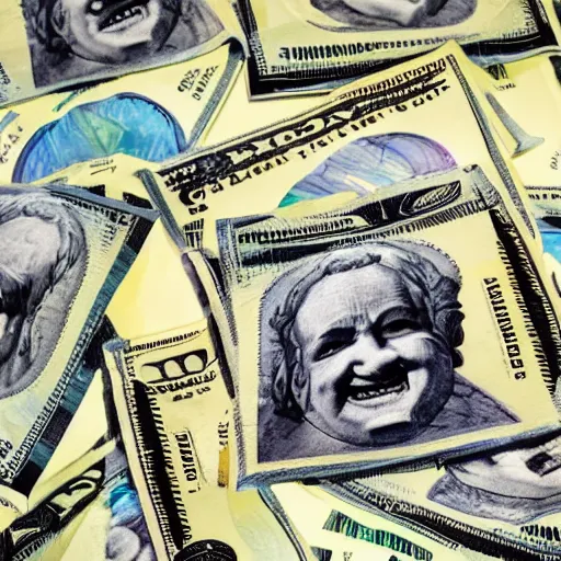Image similar to huge pile of money with faces smiling, weird art, 4 k