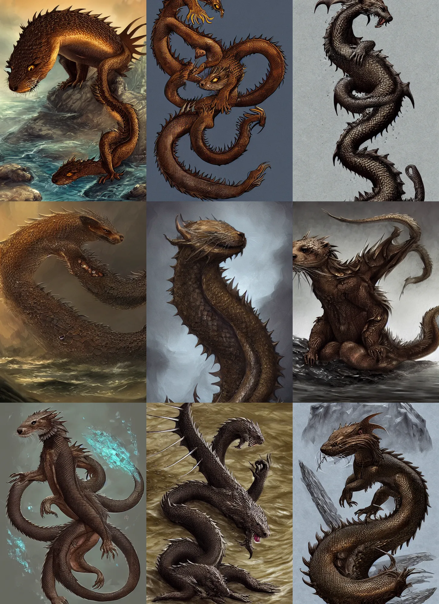 Prompt: river otter dragon, fantasy art, d & d, scary, trending on artstation, digital art, chinese water dragon otter, fur and scales