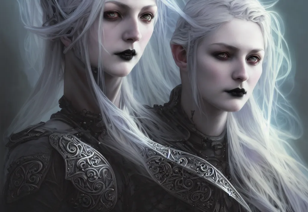 Image similar to beautiful and gothic and evil and dieselpunk young medieval light grey hair female knight portrait + smoky eyes + front face with light flowing hair, ultradetail face, art and illustration by tian zi and craig mullins and wlop and alphonse mucha, fantasy, intricate complexity, human structure, human anatomy, fantasy character concept, watermark, blurry, hyperrealism 8 k