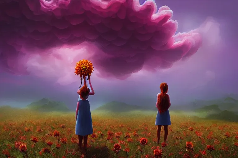 Image similar to closeup giant dahlia flower as head, girl standing on mountain, surreal photography, blue storm clouds, dramatic light, impressionist painting, digital painting, artstation, simon stalenhag