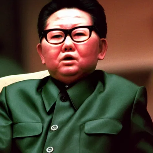 Image similar to A filmstill of Kim Jong-il looking upwards towards a movie screen projecting monster movies, cinemascope