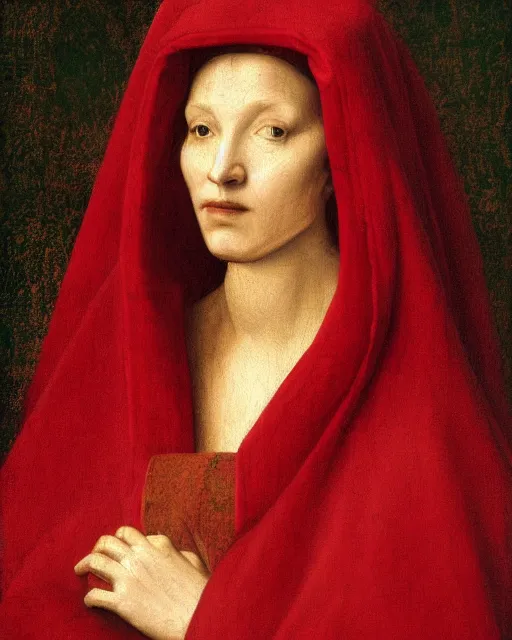 Prompt: a painting of a woman wearing a red cloak, a flemish baroque by petrus christus, unsplash, renaissance, da vinci, pre - raphaelite, studio portrait