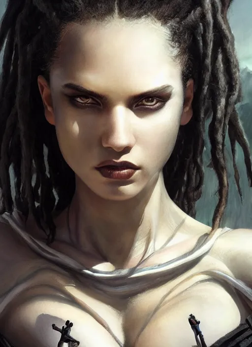 Image similar to girl with pale white skin and black dreadlocks, muscular upper body, beautiful highly detailed face, complementary lighting, backlit, black eyeshadow, dark eyes, adventure, dramatic lighting, landscape background, beautiful painting by artgerm and greg rutkowski and raymond swanland