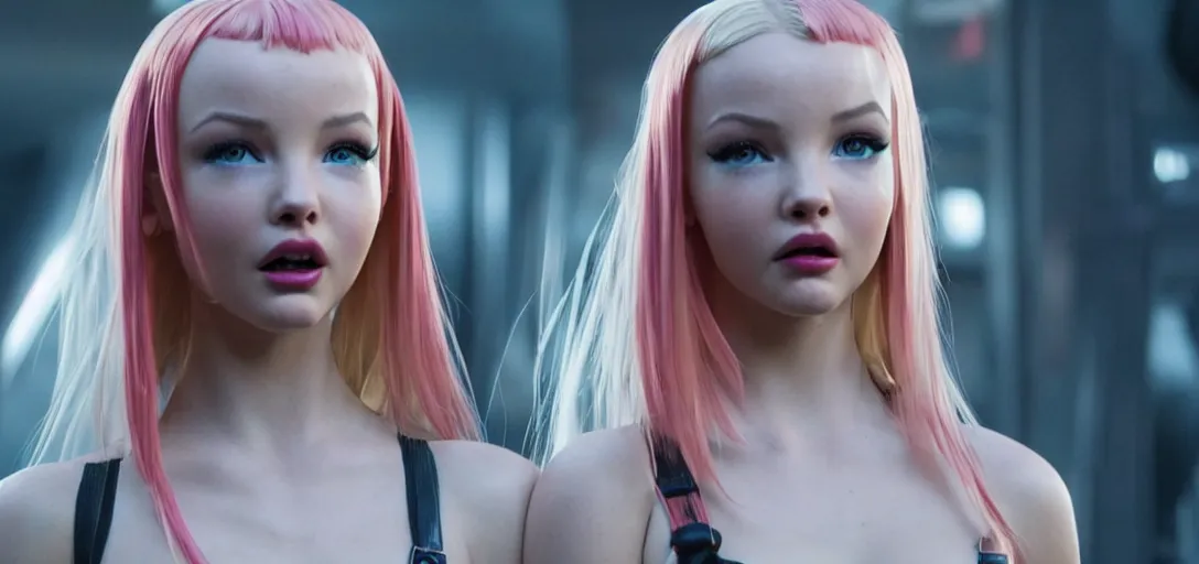 Image similar to a young woman who is a mix of dove cameron and madison beer and milla jovovich stars as leeloo in the 2 0 2 4 remake of the 5 th element, cinematic still, action shot, 8 k hdr