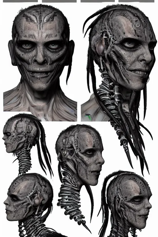 Prompt: cyborg dreadlock mutant with gunmetal grey skin, medical anatomy, very symmetrical face, highly detailed, tentacles mecha implants, three - perspective / three - view reference sheet ( front / back / side ), in the style of dan ouellette, dren from splice, hr giger, sil from species, artstation, unreal engine