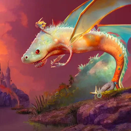 Image similar to an axolotl riding a dragon, high fantasy, pixar disney tone mapping happy