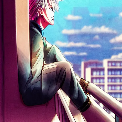 Image similar to trunks sitting on a balcony while listening to music, anime key visual, aesthetic, trending on artstation, 8 k