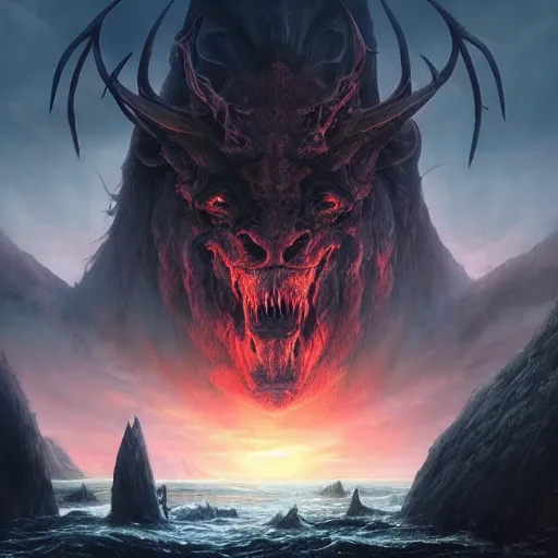 Prompt: mystical creature, monster, beast rising from the sea of blood, many horns, many heads, landscape, cinematic view, epic sky, detailed, concept art, low angle, high detail, warm lighting, volumetric, godrays, vivid, beautiful, trending on artstation, by jordan grimmer, huge scene, grass, art greg rutkowski