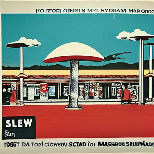 Prompt: A 1980s poster of a hawker centre and mushroom cloud