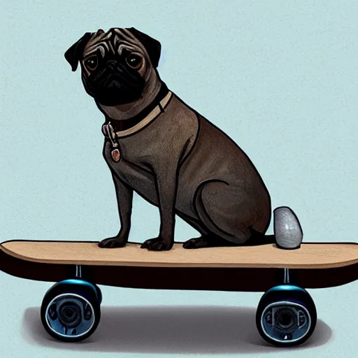 Image similar to a pug dog sitting on top of a skateboard, a digital painting by jeffrey smith, featured on cg society, digital art, digital painting, sketchfab, digital illustration