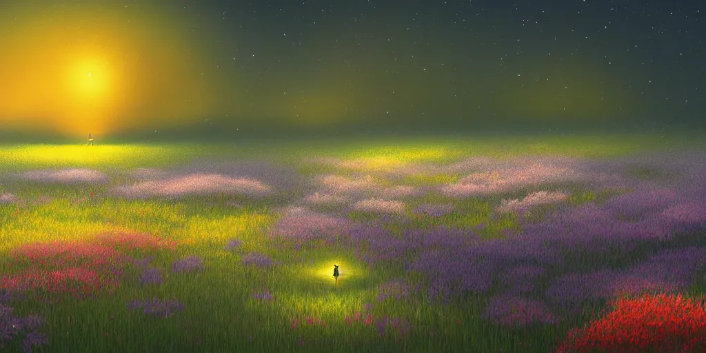 Image similar to fireflies in a vast ocean inspired by Evgeny Lushpin,flower meadow,spring,cinematic,trending on ArtStation