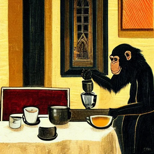 Prompt: Gothic painting of a chimpanzee serving coffee as a barista, in a night-time old-fashioned New York Cafe, candlelight, full shot,