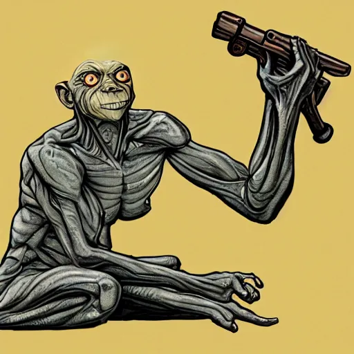 Image similar to Gollum with gun arms and legs