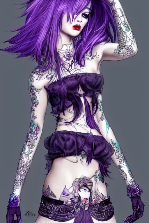 Image similar to kerli koiv anime goth girl with tattoos purple hair in mini skirt and crop top intricate, full body, extremely detailed, artstation, 8 k, sensual lighting, incredible art, wlop, artgerm