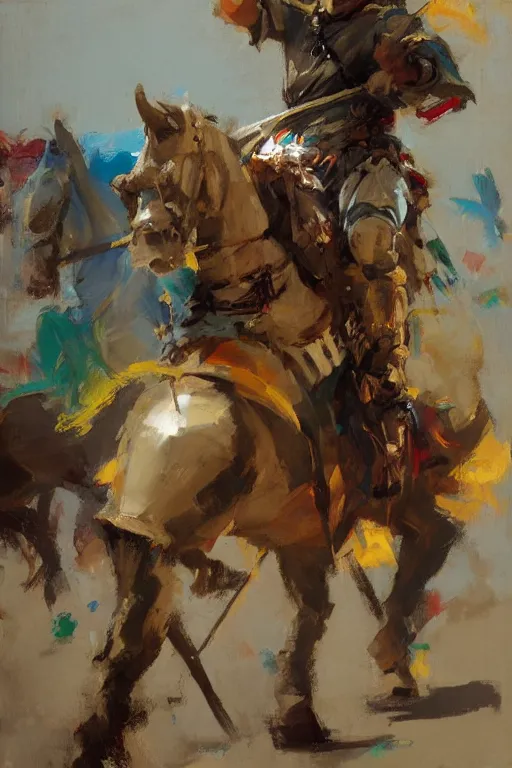 Prompt: close - up portrait of colorful rider holding jousting lance, caparisons, chainmail, by greg manchess, bernie fuchs, ruan jia, walter everett