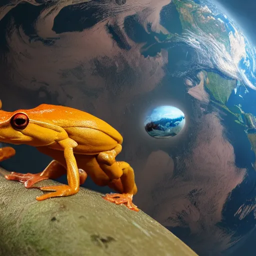 Prompt: a soldier muscular frog on two feet holding the entire planet on its hands, matte painting, trending artstation, octane render, 8 k, digital art