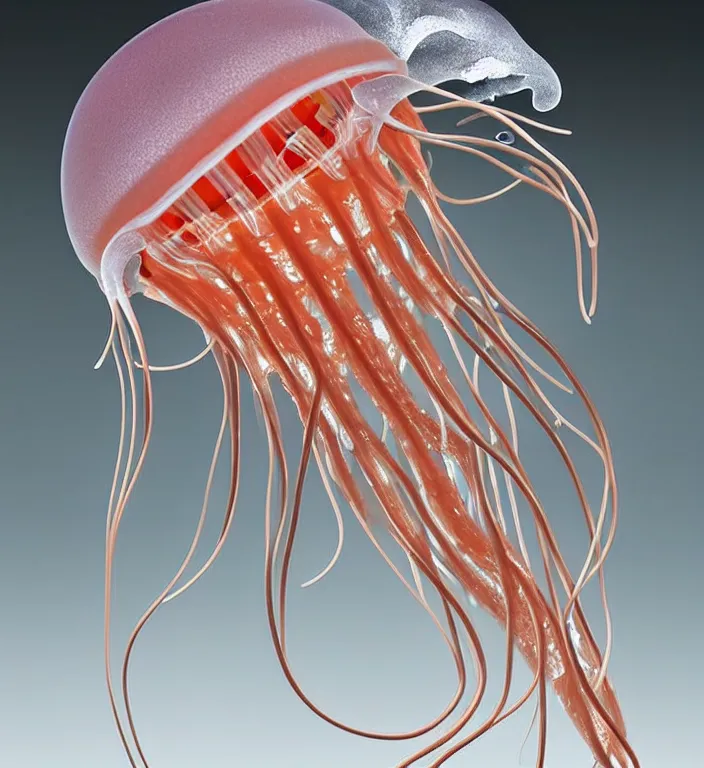 Image similar to jellyfish , A Close up photo-real delicate ceramic porcelain sculpture of a symmetrical ornate detailed in front of an intricate background by Victo Ngai and takato yamamoto, micro detail, backlit lighting, face in focus, subsurface scattering, translucent, thin porcelain, octane renderer, colorful, physically based rendering, japanese pottery, trending on cgsociety