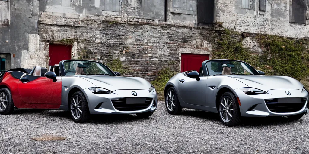 Prompt: a wide angle photograph of a grey rabbit posing next to a red mazda mx-5